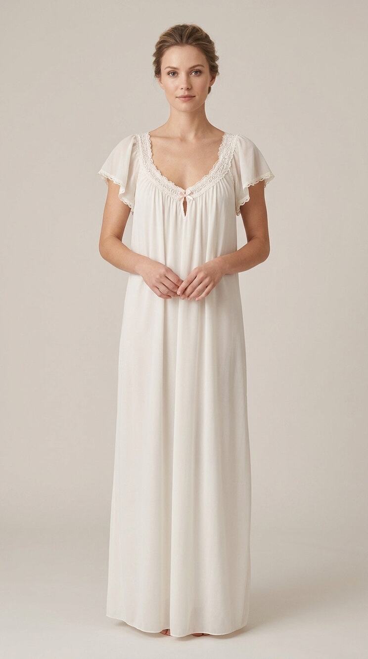 Vtg 60s 70s White Sheer Chiffon Nightgown size L Lace Trim Cottagecore Long Maxi